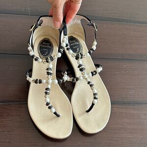 Rene Caovilla Black T-Strap Beaded Pearl Sandals